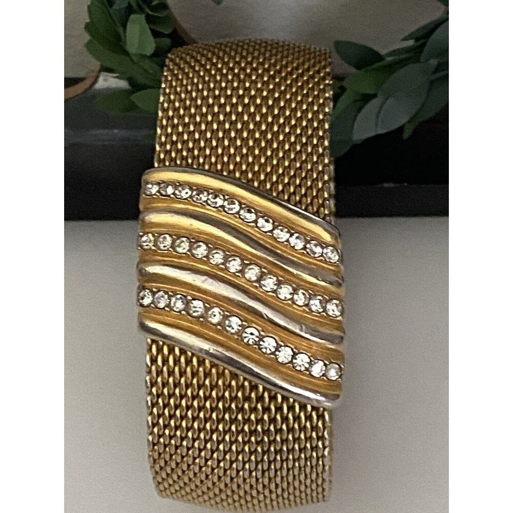 Vintage 1960s Bangle Bracelet‎ Wide Mesh Gold Tone Rhinestone Detail Retro MCM